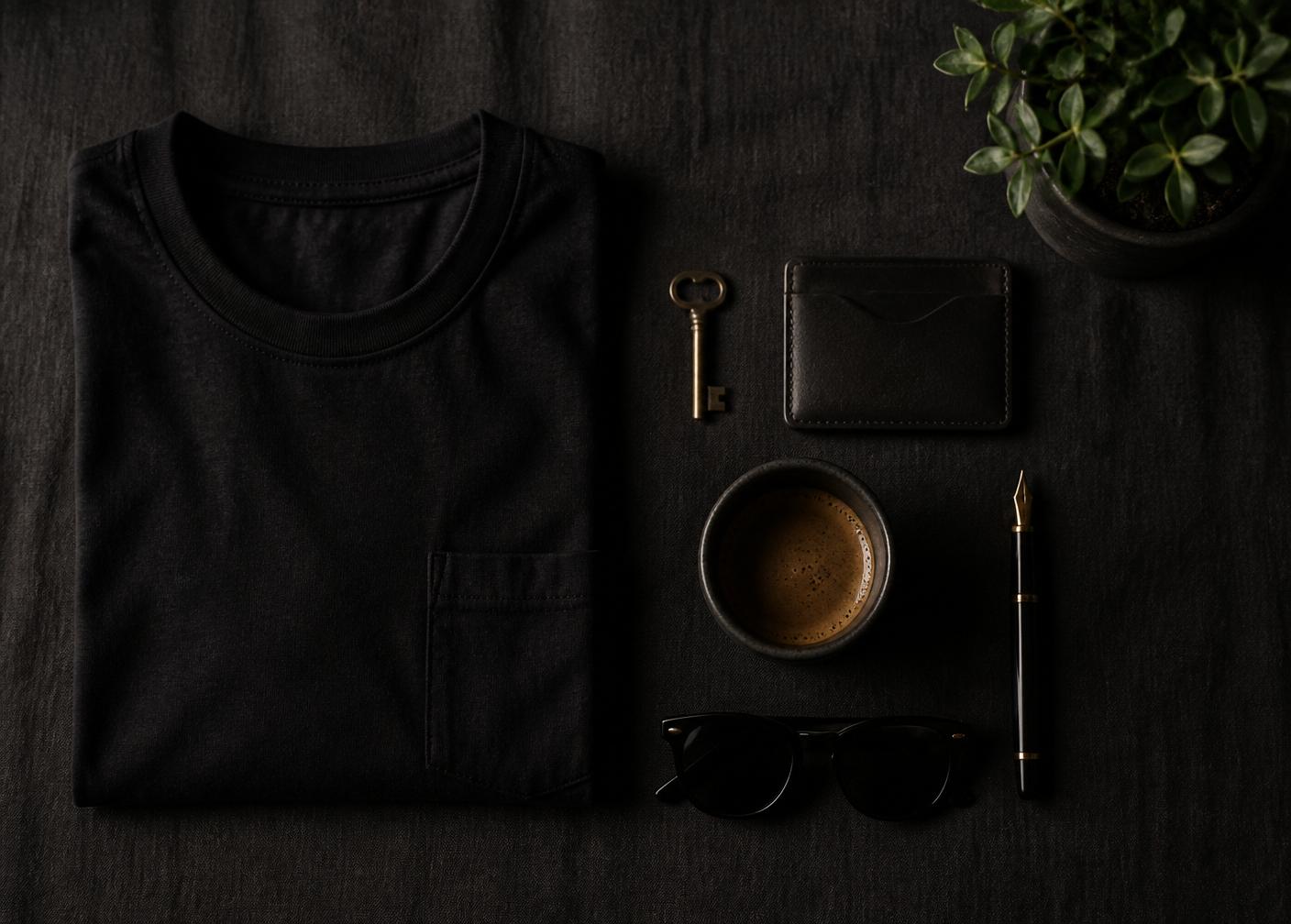 Ett urval av vardagsfavoriter — en vikt t-shirt, kortplånbok, espressokopp, penna och en liten växt på mörkt linne